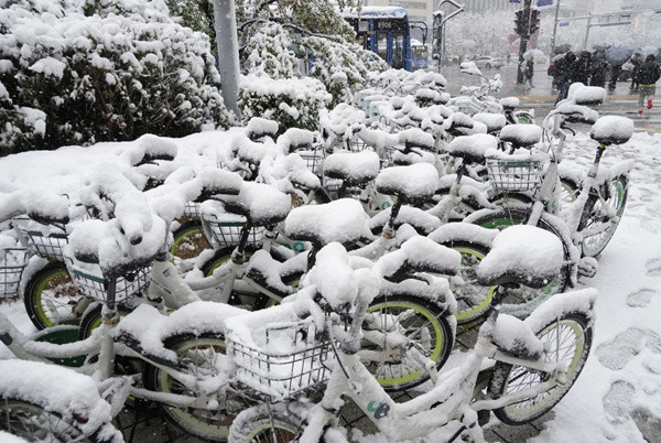Tuyết phủ dày trên những chiếc xe đạp ở gần một ga tàu điện ngầm ở Seoul. Ảnh chụp ngày 27/11. Ảnh: Ahn Young-joon/ AP.