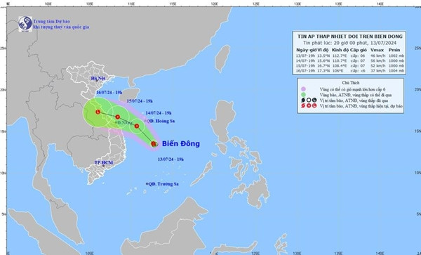 Dự báo hướng đi của áp thấp. Ảnh: Trung tâm Dự báo Khí tượng Thủy văn Quốc gia. Dự báo hướng đi của áp thấp. Ảnh: Trung tâm Dự báo Khí tượng Thủy văn Quốc gia.