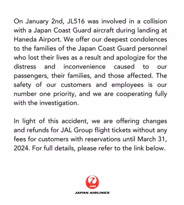 Thông báo của Japan Airlines. Ảnh: Japan Airlines.