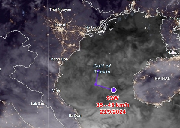 Vị trí của áp thấp 93W vào chiều ngày 23/9. Ảnh: Zoom Earth, JMA, JTWC.