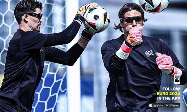 Các thủ môn của ĐT Thụy Sĩ đeo kính đen khi tập luyện. Ảnh: 433.