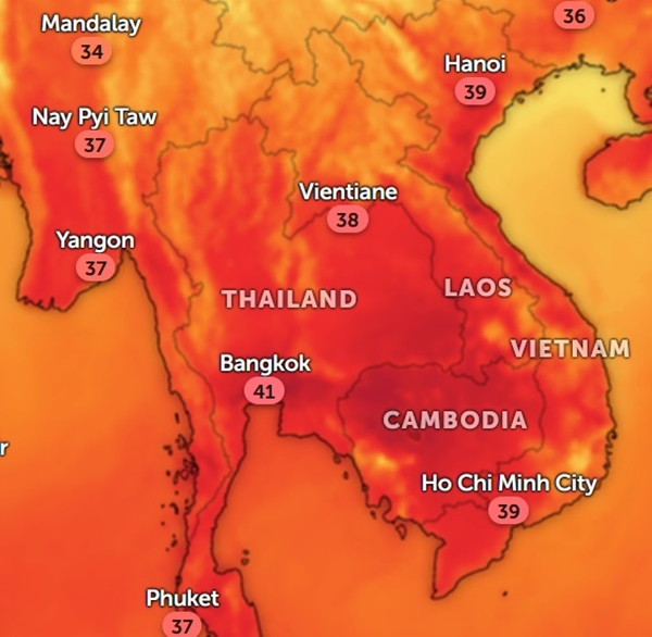 Dự báo nhiệt độ thực ở một số thành phố Đông Nam Á vào chiều thứ Ba, 5/3. Ảnh: Zoom Earth, OpenStreetMap. Dự báo nhiệt độ thực ở một số thành phố Đông Nam Á vào chiều thứ Ba, 5/3. Ảnh: Zoom Earth, OpenStreetMap.