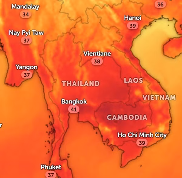 Dự báo nhiệt độ thực ở một số thành phố Đông Nam Á vào chiều thứ Ba, 5/3. Ảnh: Zoom Earth, OpenStreetMap.