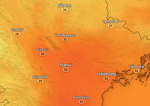 Nhiệt độ cảm nhận ở một số tỉnh thành miền Bắc chiều nay, 16/5. Ảnh: Zoom Earth, OpenStreetMap. Nhiệt độ cảm nhận ở một số tỉnh thành miền Bắc chiều nay, 16/5. Ảnh: Zoom Earth, OpenStreetMap.