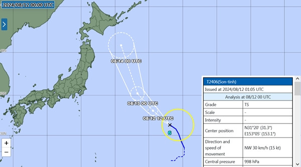 Vị trí và dự báo đường đi của bão Sơn Tinh do JMA đưa ra vào sáng nay, 12/8. Ảnh: JMA. Vị trí và dự báo đường đi của bão Sơn Tinh do JMA đưa ra vào sáng nay, 12/8. Ảnh: JMA.