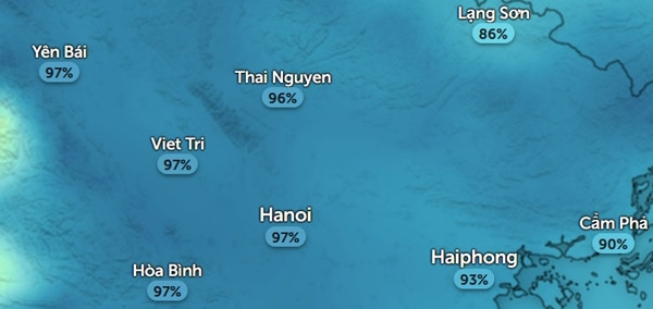 Độ ẩm ở Hà Nội và một số tỉnh thành miền Bắc vào 7h sáng 5/2, có thể thấy là độ ẩm rất cao. Ảnh: Zoom Earth, OpenStreetMap.
