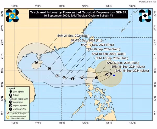 Dự báo của PAGASA lúc sáng nay về đường đi của 98W/ Gener. Ảnh: PAGASA. Dự báo của PAGASA lúc sáng nay về đường đi của 98W/ Gener. Ảnh: PAGASA.