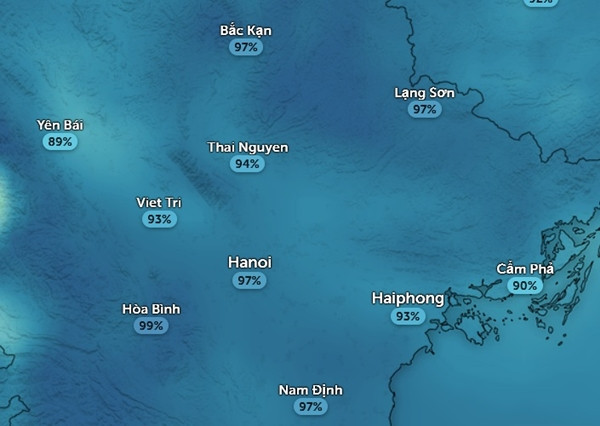 Độ ẩm tại một số tỉnh thành miền Bắc vào sáng nay, 4/3. Ảnh: Zoom Earth, OpenStreetMap. Độ ẩm tại một số tỉnh thành miền Bắc vào sáng nay, 4/3. Ảnh: Zoom Earth, OpenStreetMap.