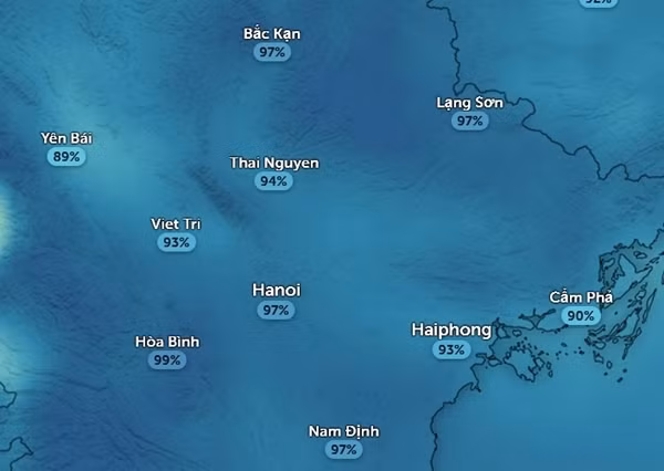 Độ ẩm tại một số tỉnh thành miền Bắc vào sáng nay, 4/3. Ảnh: Zoom Earth, OpenStreetMap.