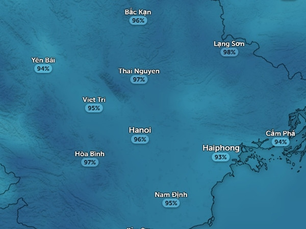 Độ ẩm ở một số tỉnh thành miền Bắc sáng 14/3. Ảnh: Zoom Earth, OpenStreetMap.