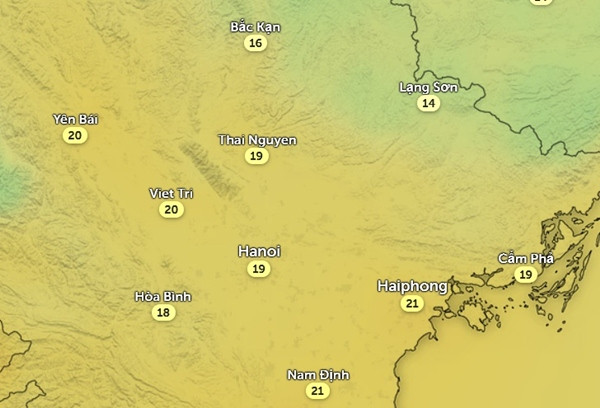 Nhiệt độ ở một số tỉnh thành miền Bắc vào 6h sáng thứ Năm, 7/3. Ảnh: Zoom Earth, OpenStreetMap. Nhiệt độ ở một số tỉnh thành miền Bắc vào 6h sáng thứ Năm, 7/3. Ảnh: Zoom Earth, OpenStreetMap.