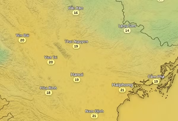 Nhiệt độ ở một số tỉnh thành miền Bắc vào 6h sáng thứ Năm, 7/3. Ảnh: Zoom Earth, OpenStreetMap.