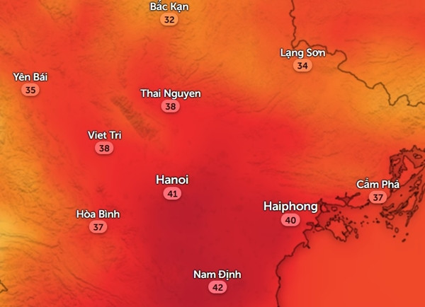 Nhiệt độ cảm nhận ở một số tỉnh thành miền Bắc chiều Chủ Nhật, 26/5. Ảnh: Zoom Earth, OpenStreetMap.