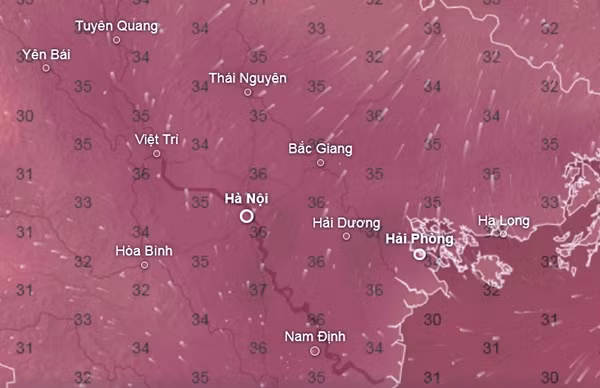 Nhiệt độ cảm nhận ở một số tỉnh thành miền Bắc vào trưa và chiều thứ Sáu, thứ Bảy tới. Ảnh: Ventusky, ICON.