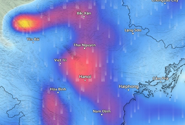 Dự báo mưa to ở Hà Nội và nhiều tỉnh thành miền Bắc vào sáng mai, 3/5. (Màu xanh da trời là mưa nhỏ đến vừa, màu đỏ và vàng là mưa to đến rất to). Ảnh: Zoom Earth, OpenStreetMap.