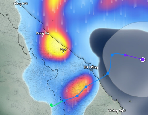 Dự báo đêm nay, rạng sáng mai, một số tỉnh thành miền Trung vẫn có mưa to do ảnh hưởng của tàn dư bão Trà Mi (những vùng màu xanh da trởi là mưa nhỏ đến vừa, màu đỏ là mưa vừa đến mưa to, màu vàng là mưa to đến rất to). Ảnh: Zoom Earth, OpenStreetMap, DWD. Dự báo đêm nay, rạng sáng mai, một số tỉnh thành miền Trung vẫn có mưa to do ảnh hưởng của tàn dư bão Trà Mi (những vùng màu xanh da trởi là mưa nhỏ đến vừa, màu đỏ là mưa vừa đến mưa to, màu vàng là mưa to đến rất to). Ảnh: Zoom Earth, OpenStreetMap, DWD.