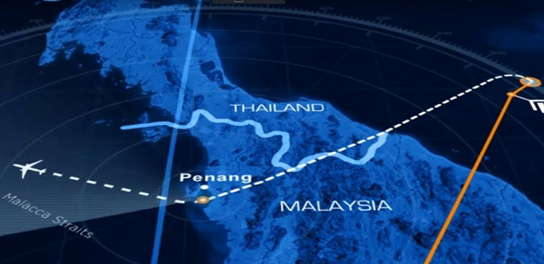 Radar của Thái Lan ghi nhận MH370 đột ngột rẽ khỏi đường bay dự kiến rồi bay theo hướng Tây Nam thay vì bay đến Bắc Kinh (Trung Quốc) như lịch trình, sau đó mất tín hiệu. Ảnh: 9News.