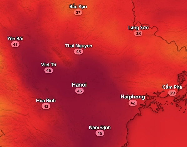 Nhiệt độ cảm nhận ở một số tỉnh thành miền Bắc vào trưa và chiều cuối tuần này (29 - 30/6). Ảnh: Zoom Earth, OpenStreetMap.