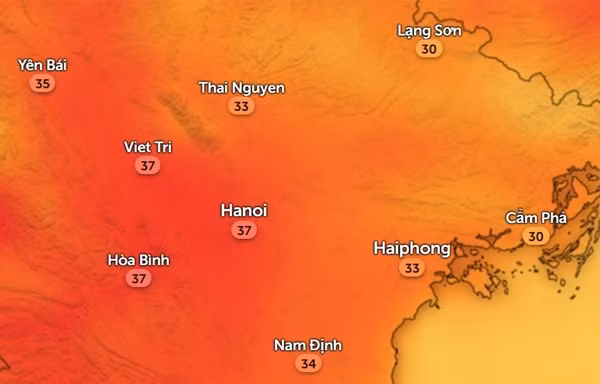 Nhiệt độ ở một số tỉnh thành miền Bắc vào trưa Chủ Nhật, 7/4, dự báo nhiệt độ sẽ cao hơn vào giữa giờ chiều. Ảnh: Zoom Earth, OpenStreetMap.