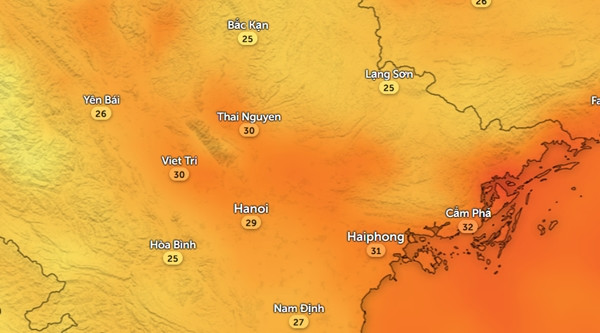 Nhiệt độ cao nhất trong ngày 22/9 ở một số tỉnh thành miền Bắc, có thể thấy nhiệt độ giảm rõ rệt. Ảnh: Zoom Earth, OpenStreetMap.
