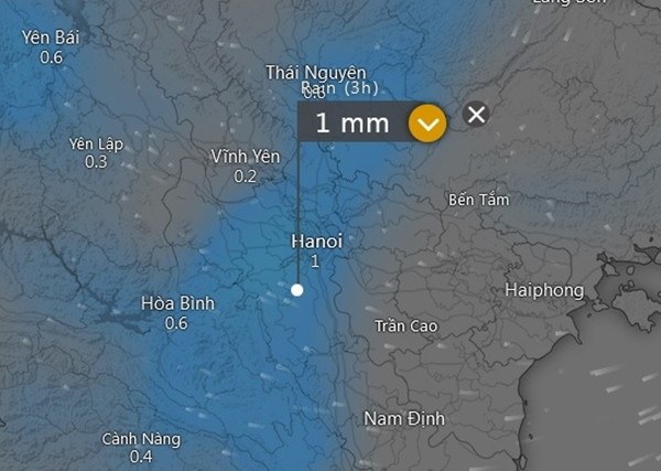 Dự báo mưa (được thể hiện bằng màu xanh) ở một số tỉnh thành miền Bắc vào sáng thứ Sáu, 5/4. Ảnh: Windy.