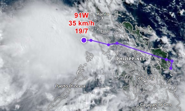 Vị trí của áp thấp 91W vào sáng nay, 19/7. Ảnh: Zoom Earth, JMA. Vị trí của áp thấp 91W vào sáng nay, 19/7. Ảnh: Zoom Earth, JMA.