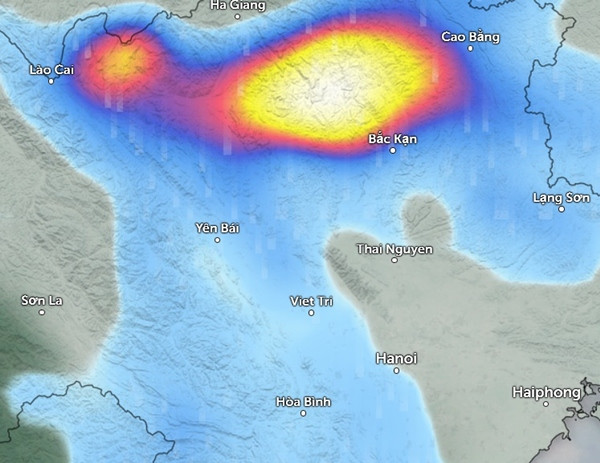 Dự báo mưa ở một số tỉnh thành miền Bắc vào đêm nay (màu xanh da trời là mưa nhỏ đến vừa, màu hồng là mưa vừa đến mưa to, màu vàng và trắng là mưa rất to). Ảnh: Zoom Earth, OpenStreetMap. Dự báo mưa ở một số tỉnh thành miền Bắc vào đêm nay (màu xanh da trời là mưa nhỏ đến vừa, màu hồng là mưa vừa đến mưa to, màu vàng và trắng là mưa rất to). Ảnh: Zoom Earth, OpenStreetMap.