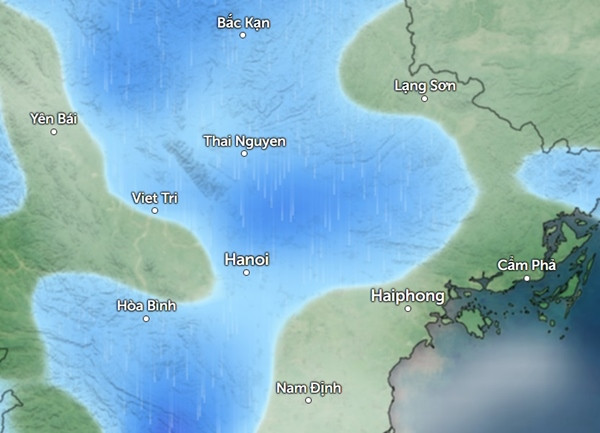 Dự báo mưa vào khoảng 10 -11h ngày 1/5 ở một số tỉnh thành miền Bắc (những vùng màu xanh da trời là dự báo có mưa). Ảnh: Zoom Earth, OpenStreetMap. Dự báo mưa vào khoảng 10 -11h ngày 1/5 ở một số tỉnh thành miền Bắc (những vùng màu xanh da trời là dự báo có mưa). Ảnh: Zoom Earth, OpenStreetMap.