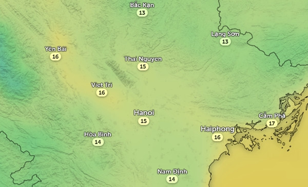Nhiệt độ ở một số tỉnh thành miền Bắc sáng sớm mai: Trời rất rét, nhiều nơi rét đậm. Ảnh: Zoom Earth, OpenStreetMap, ICON.