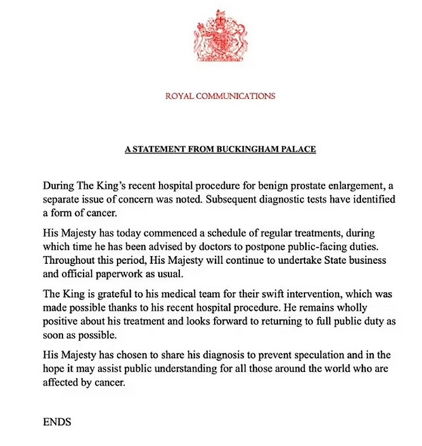 Thông báo của Cung điện Buckingham về việc Vua Charles III bị chẩn đoán mắc ung thư, trong thời gian điều trị sẽ phải hoãn những công việc gặp gỡ công chúng. Ảnh: Cung điện Buckingham. Thông báo của Cung điện Buckingham về việc Vua Charles III bị chẩn đoán mắc ung thư, trong thời gian điều trị sẽ phải hoãn những công việc gặp gỡ công chúng. Ảnh: Cung điện Buckingham.