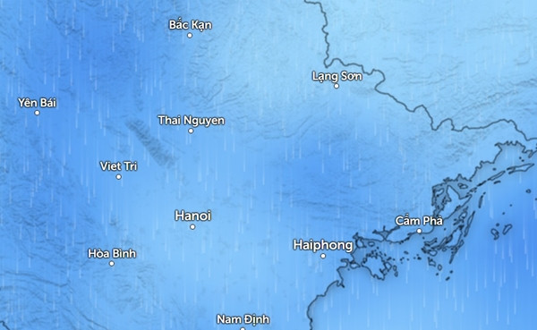 Toàn miền Bắc và khu vực Vịnh Bắc Bộ đều có mưa vào sáng thứ Hai, 24/6. Ảnh: Zoom Earth, OpenStreetMap. Toàn miền Bắc và khu vực Vịnh Bắc Bộ đều có mưa vào sáng thứ Hai, 24/6. Ảnh: Zoom Earth, OpenStreetMap.