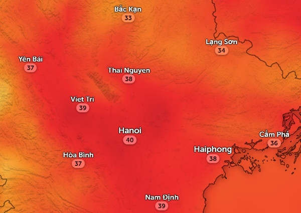Nhiệt độ cảm nhận vào buổi trưa và chiều ở một số tỉnh thành miền Bắc từ giờ đến cuối tuần. Ảnh: Zoom Earth, OpenStreetMap.