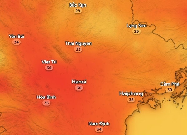 Nhiệt độ ở một số tỉnh thành miền Bắc vào chiều thứ Sáu, 12/4. Ảnh: Zoom Earth, OpenStreetMap. Nhiệt độ ở một số tỉnh thành miền Bắc vào chiều thứ Sáu, 12/4. Ảnh: Zoom Earth, OpenStreetMap.