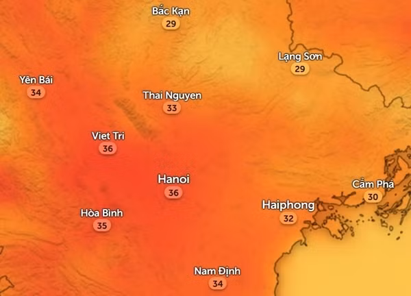 Nhiệt độ ở một số tỉnh thành miền Bắc vào chiều thứ Sáu, 12/4. Ảnh: Zoom Earth, OpenStreetMap.