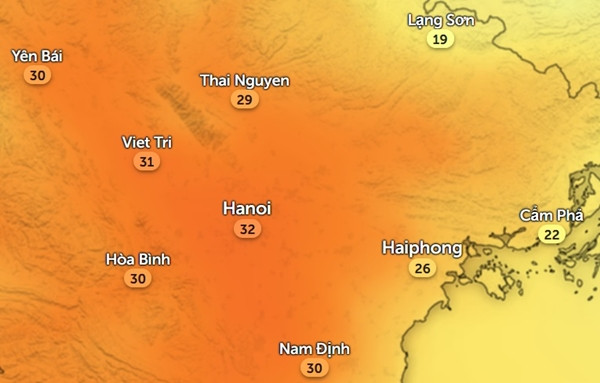 Nhiệt độ Hà Nội và các tỉnh thành lân cận vào chiều 7/2 (28 Tết): Trời khá nóng. Ảnh: Zoom Earth, OpenStreetMap.