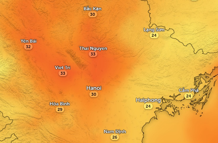 Nhiệt độ ở một số tỉnh thành miền Bắc vào chiều mai: Nhiều nơi rất mát. Ảnh: Zoom Earth, OpenStreetMap. Nhiệt độ ở một số tỉnh thành miền Bắc vào chiều mai: Nhiều nơi rất mát. Ảnh: Zoom Earth, OpenStreetMap.