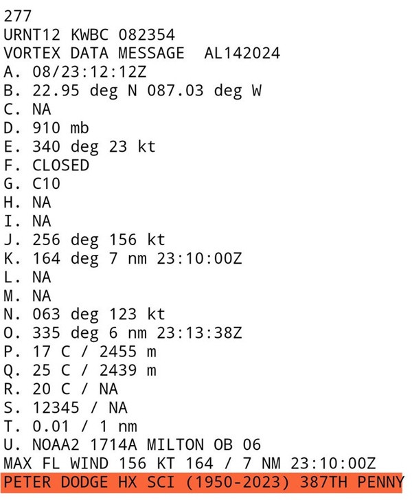 Một phần bản ghi dữ liệu của chuyến bay vào mắt bão Milton cho thấy dòng cuối được viết để tưởng nhớ ông Dodge. Ảnh: Michael Lowry. Một phần bản ghi dữ liệu của chuyến bay vào mắt bão Milton cho thấy dòng cuối được viết để tưởng nhớ ông Dodge. Ảnh: Michael Lowry.