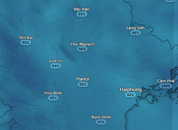 Độ ẩm ở một số tỉnh thành miền Bắc vào sáng nay, 18/3. Ảnh: Zoom Earth, OpenStreetMap.