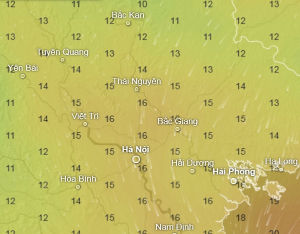 Nhiệt độ ở một số tỉnh thành miền Bắc vào buổi sáng những ngày cuối tháng này (trong đợt không khí lạnh tuần sau). Ảnh: Ventusky, GFS.