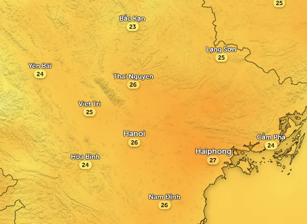 Nhiệt độ cảm nhận ở một số tỉnh thành miền Bắc vào trưa và chiều nay, 2/12. Ảnh: Zoom Earth, OpenStreetMap, ICON. Nhiệt độ cảm nhận ở một số tỉnh thành miền Bắc vào trưa và chiều nay, 2/12. Ảnh: Zoom Earth, OpenStreetMap, ICON.
