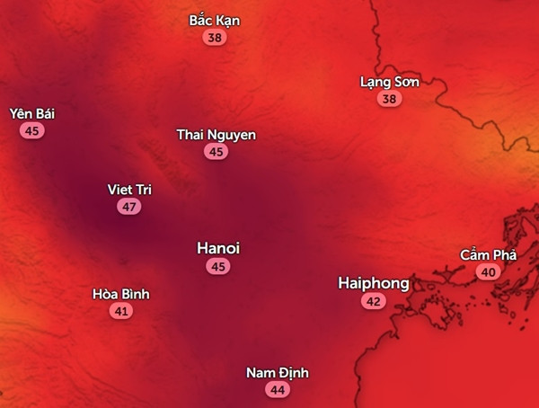 Dự báo nhiệt độ cảm nhận ở một số tỉnh thành miền Bắc vào trưa, chiều thứ Bảy và Chủ Nhật (29 - 30/6). Ảnh: Zoom Earth, OpenStreetMap.