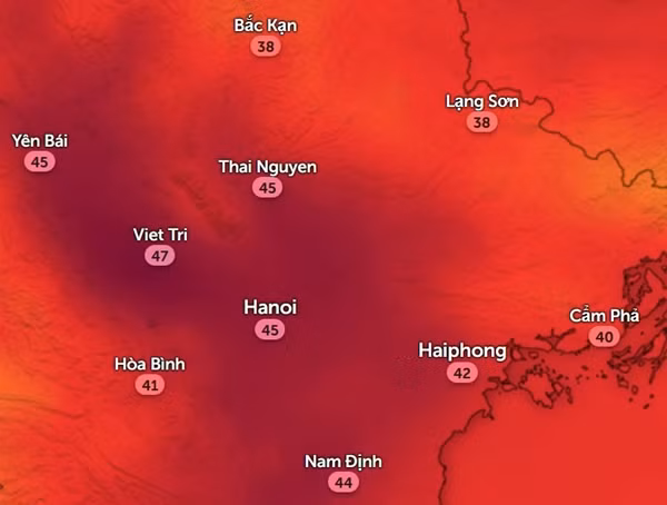 Dự báo nhiệt độ cảm nhận ở một số tỉnh thành miền Bắc vào trưa, chiều thứ Bảy và Chủ Nhật (29 - 30/6). Ảnh: Zoom Earth, OpenStreetMap. Dự báo nhiệt độ cảm nhận ở một số tỉnh thành miền Bắc vào trưa, chiều thứ Bảy và Chủ Nhật (29 - 30/6). Ảnh: Zoom Earth, OpenStreetMap.