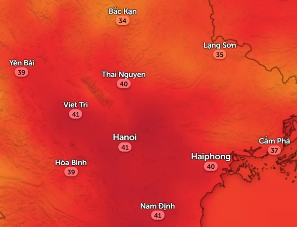Nhiệt độ cảm nhận ở một số tỉnh thành miền Bắc vào chiều nay, 28/6. Ảnh: Zoom Earth, OpenStreetMap.