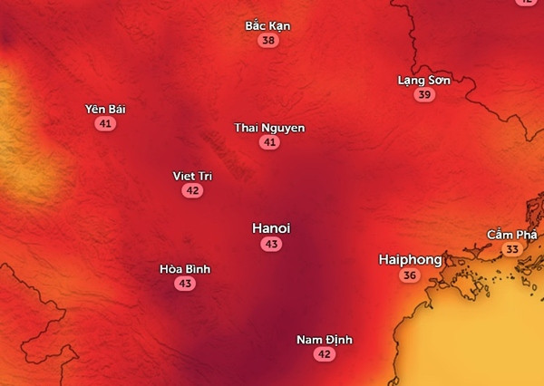 Nhiệt độ giảm nhẹ ở một số tỉnh thành miền Bắc vào chiều thứ Năm, 4/4. Ảnh: Zoom Earth, OpenStreetMap.