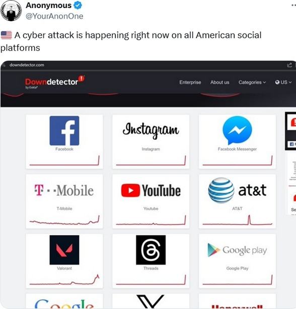 Nhóm tin tặc Anonymous tuyên bố vụ sập các mạng xã hội tối 5/3 là một vụ tấn công mạng. (Ảnh chụp màn hình X). Nhóm tin tặc Anonymous tuyên bố vụ sập các mạng xã hội tối 5/3 là một vụ tấn công mạng. (Ảnh chụp màn hình X).