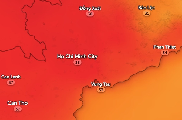 Nhiệt độ thực ở một số tỉnh thành miền Nam vào chiều thứ Ba: Nhiều nơi rất nóng. Ảnh: Zoom Earth, OpenStreetMap. Nhiệt độ thực ở một số tỉnh thành miền Nam vào chiều thứ Ba: Nhiều nơi rất nóng. Ảnh: Zoom Earth, OpenStreetMap.
