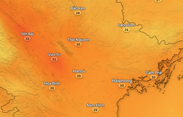 Nhiệt độ cảm nhận ở một số tỉnh thành miền Bắc vào trưa và chiều 26/10. Ảnh: Zoom Earth, OpenStreetMap, DWD.