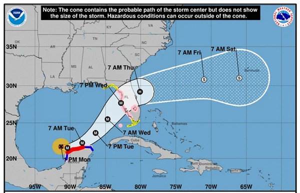 Đường đi dự báo của bão Milton (giờ trong hình là giờ địa phương). Ảnh: Cơ quan Quản lý Khí quyển và Đại dương Quốc gia Mỹ (NOAA). Đường đi dự báo của bão Milton (giờ trong hình là giờ địa phương). Ảnh: Cơ quan Quản lý Khí quyển và Đại dương Quốc gia Mỹ (NOAA).