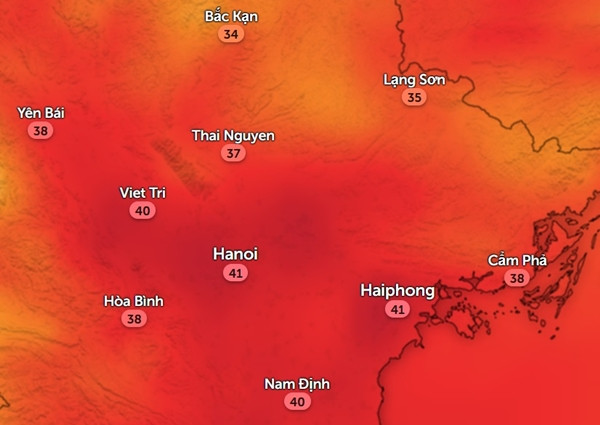 Nhiệt độ cảm nhận ở một số tỉnh thành miền Bắc vào trưa và đầu giờ chiều thứ Ba, 11/6: Trời hết mưa và khá nóng. Ảnh: Zoom Earth, OpenStreetMap. Nhiệt độ cảm nhận ở một số tỉnh thành miền Bắc vào trưa và đầu giờ chiều thứ Ba, 11/6: Trời hết mưa và khá nóng. Ảnh: Zoom Earth, OpenStreetMap.