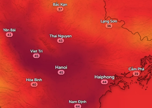 Nhiệt độ cảm nhận ở một số tỉnh thành miền Bắc vào đầu giờ chiều thứ Năm, 13/6. Đây là lúc nóng đỉnh điểm trong đợt này. Ảnh: Zoom Earth, OpenStreetMap. Nhiệt độ cảm nhận ở một số tỉnh thành miền Bắc vào đầu giờ chiều thứ Năm, 13/6. Đây là lúc nóng đỉnh điểm trong đợt này. Ảnh: Zoom Earth, OpenStreetMap.
